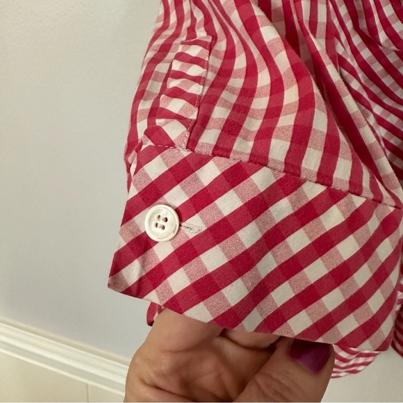 Lafayette 148 Women’s 3/4 Sleeve Pink & White Checkered Zip Up Blouse Sz 8 GUC - Picture 6 of 8